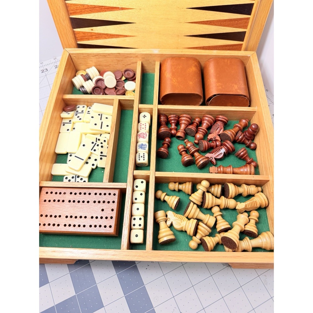 Vintage Wooden 5-in-1 Combo Game Set Chess Backgammon Cribbage Dominoes Checkers - Picture 5 of 12